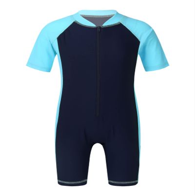 Oyolan Kids Boys Girls Swimwear One-Piece Short Sleeves Zippered Rash Guard Wetsuit Sun Protection Bathing Suit Navy Blue&Sky Blue A 5-6 Years