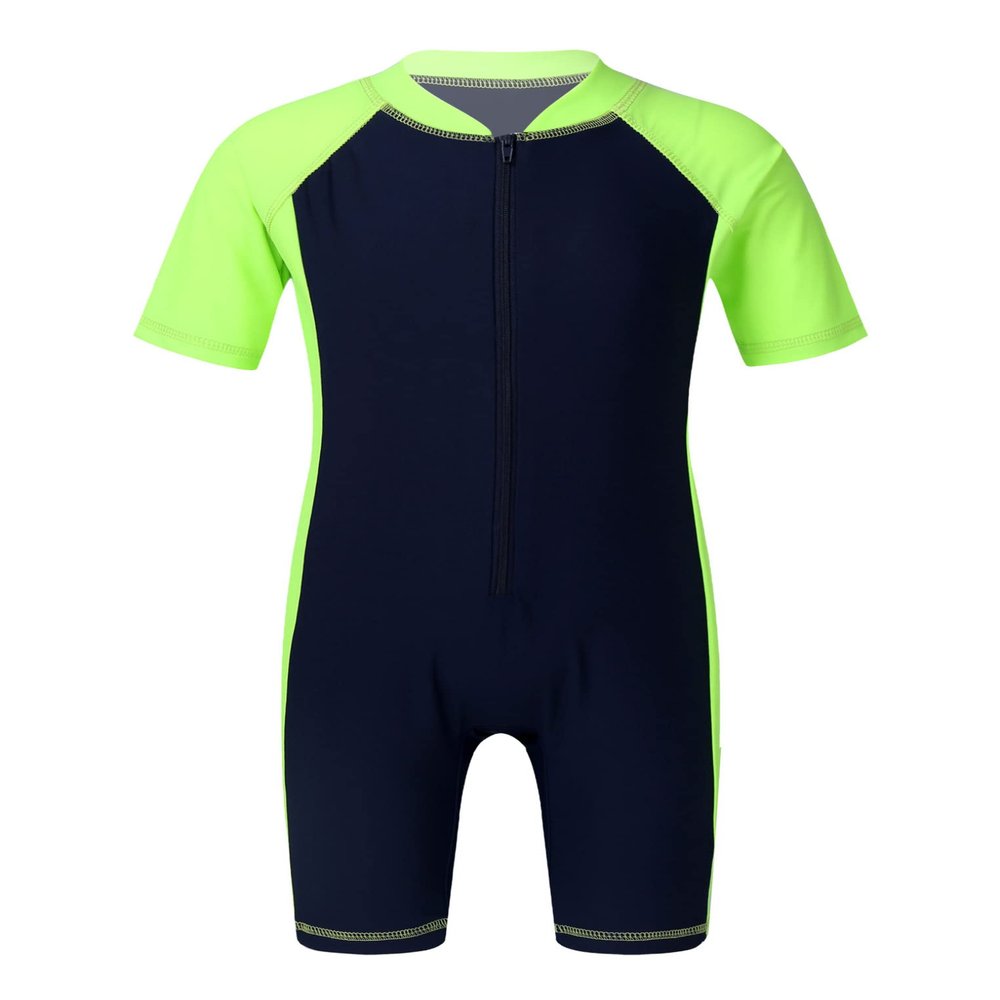 Oyolan Kids Boys Girls Swimwear One-Piece Short Sleeves Zippered Rash Guard Wetsuit Sun Protection Bathing Suit Navy Blue&Fluorescen A 10-12 Years
