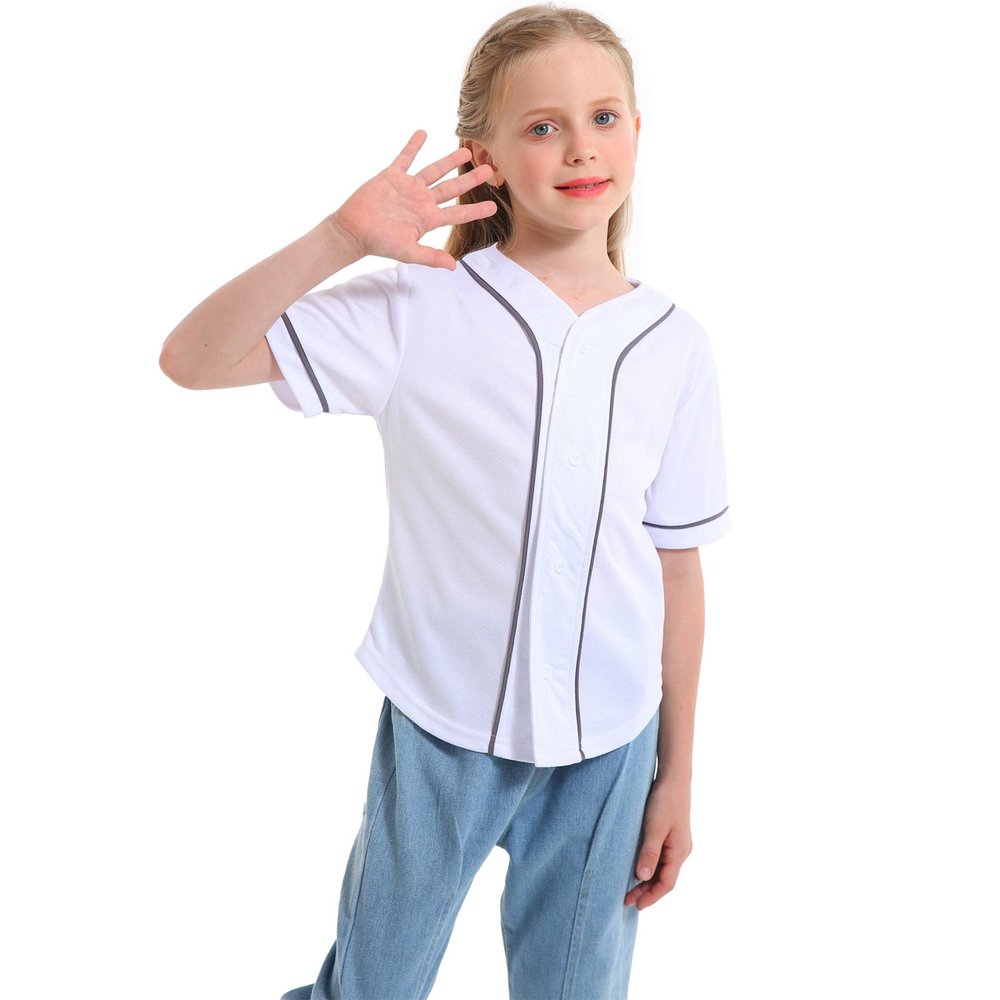 Mowbeat Boys Baseball Jersey Kids Short Sleeve Girls Hip Hop T Shirts Toddler Sport Button Down Jersey Shirt (White,12 Years)