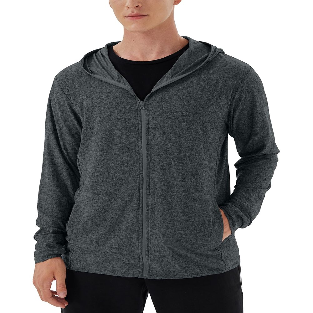 Men's Athletic Shirts Mositure Wicking Sun Shirt With Hood Full Zipper Sun Protection Jacket Hoodie Lightweight Fishing Hiking Cooling Shirts Black-L