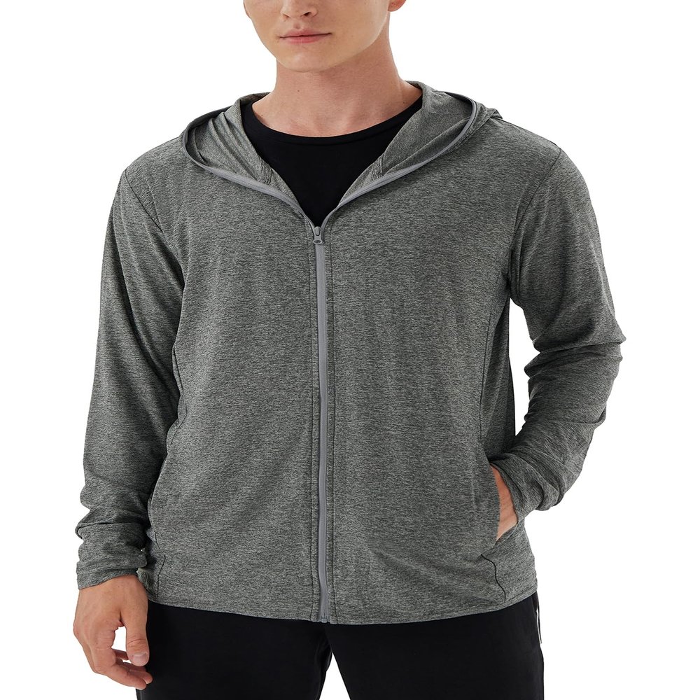 Woitury Mens UPF 50+ UV Sun Protection Clothing Jacket Hoodie With Pockets Lightweight Fishing Hiking Cooling Shirts Dark gray-M
