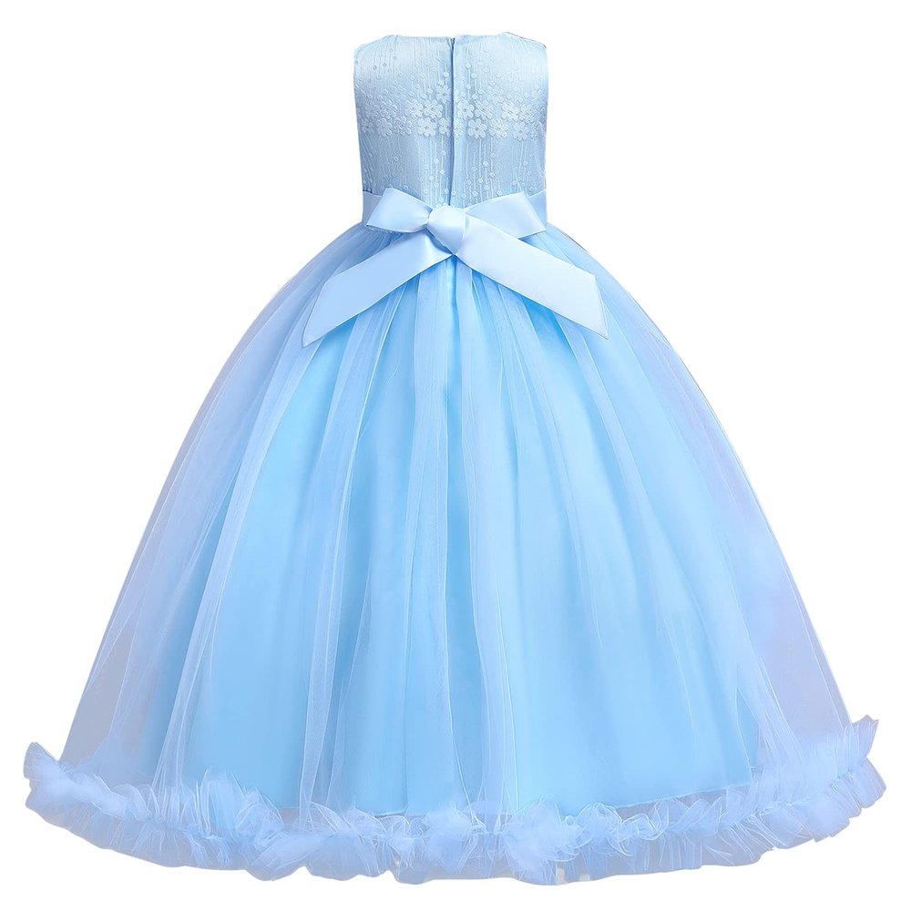 Flower Girl Tulle Dress Vintage Embroidery Beads Dress Sleeveless Applique Poofy Dresses Birthday First Communion Pageant Formal Party Wedding Prom Full Length Gown Blue-Puffy 9-10 Years