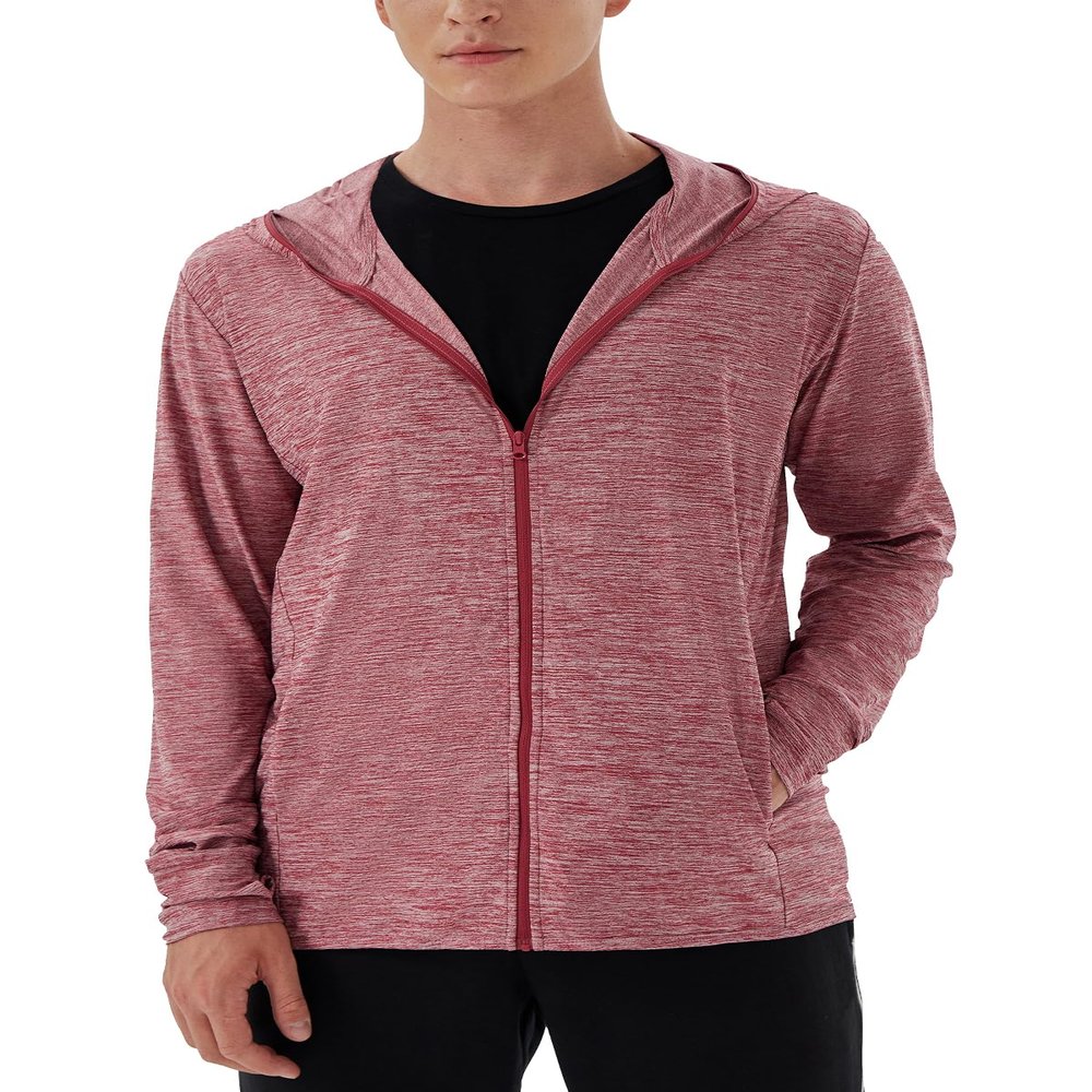 Woitury Men's Hiking Shirt Full Zip Sun Protection Jacket Hoodie with Pockets Lightweight Fishing Shirts Dark Red L