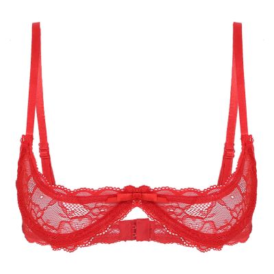 YOOJIA Womens Sheer Mesh Sexy 1/4 Cups Lace Balconette Bra Underwire Push Up Shelf Bralette Tops Lingerie Red XX-Large