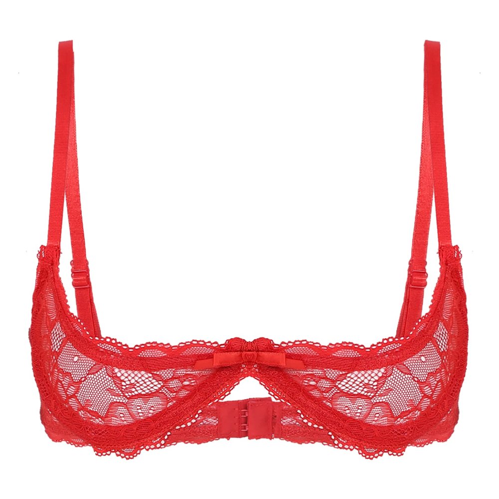 YOOJIA Womens Sheer Mesh Sexy 1/4 Cups Lace Balconette Bra Underwire Push Up Shelf Bralette Tops Lingerie Red XX-Large
