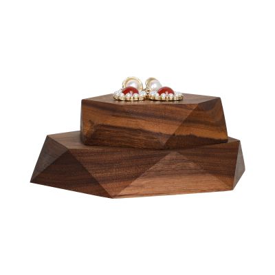 GemeShou 2pcs Wooden Jewelry display tray, Hexagon jewelry display riser, Jewelry retail shop photography propsWalnut Hexagon tray-2pcs