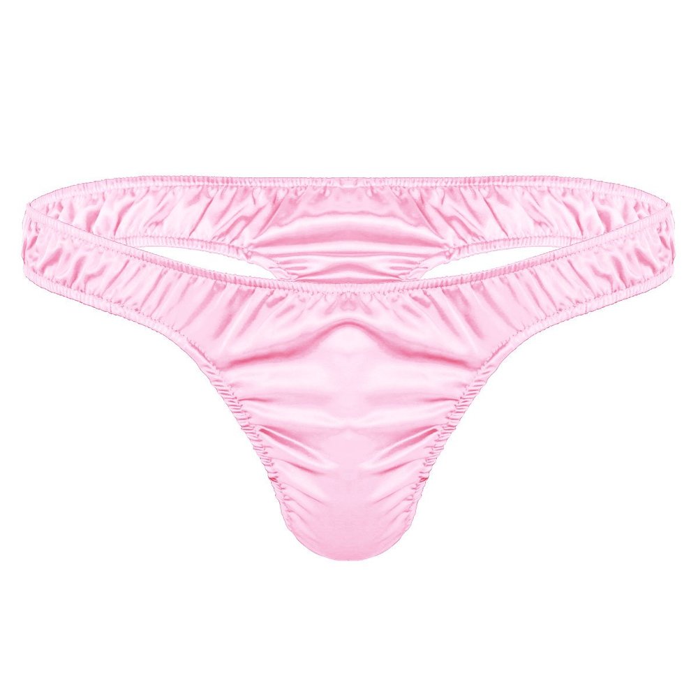 Jugaoge Men's Sexy Thong Underwear Shiny Satin Sissy Pouch G-String Bikini Briefs Pink Large