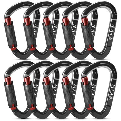 FVW Auto Locking Rock Climbing Carabiners, UIAA Certified Professional 25KN (5620 lbs) Heavy Duty Caribeaners for Rappelling Swing Rescue & Gym etc, Large D-Shaped Carabiners, (Black) 10 Pack