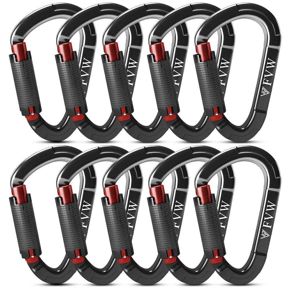 FVW Auto Locking Rock Climbing Carabiners, UIAA Certified Professional 25KN (5620 lbs) Heavy Duty Caribeaners for Rappelling Swing Rescue & Gym etc, Large D-Shaped Carabiners, (Black) 10 Pack