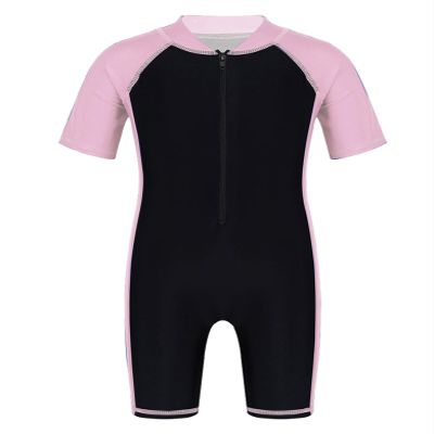 Sxiwei Kids Girls Sun Protection Rash Guard Swimsuit Short Sleeves Beachwear One Piece Wetsuit Pink&Black 12-14 Years