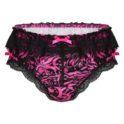 Lejafay Sissy Men's Silky Satin Ruffled Lace Trim Lingerie Underwear French Maid Crossdress Panties Hot_Pink Medium