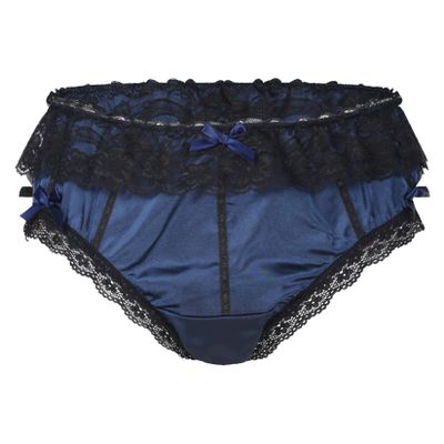 Lejafay Sissy Men's Silky Satin Ruffled Lace Trim Lingerie Underwear French Maid Crossdress Panties Dark_Blue X-Large