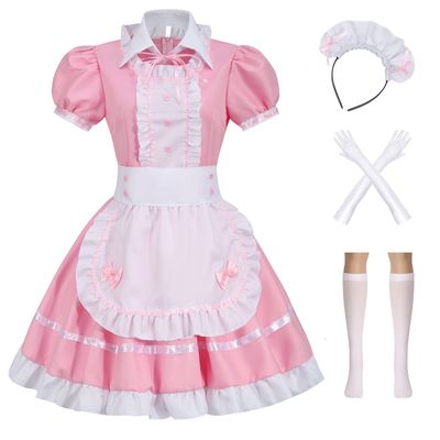 Colorful House Women's Cosplay French Apron Maid Fancy Dress Costume (3X-Large, Pink-6Pcs)