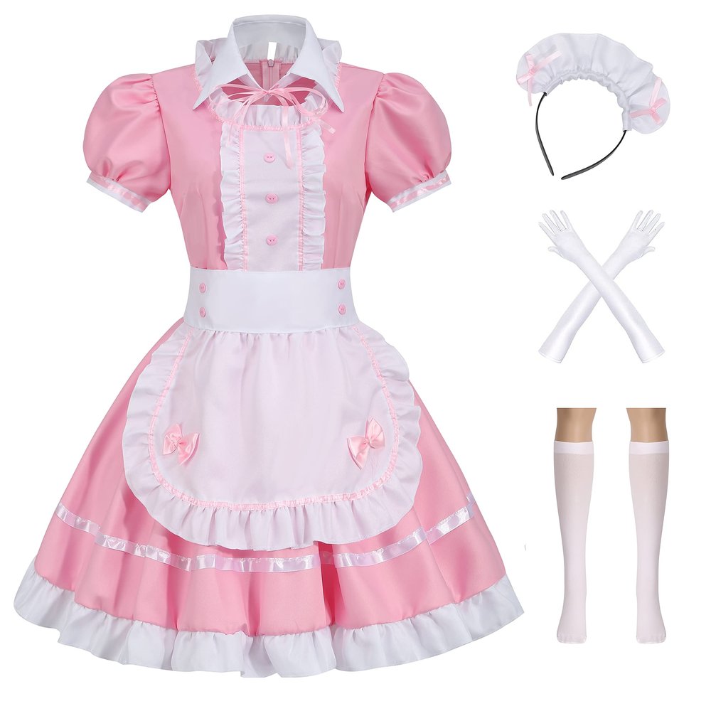 Colorful House Women's Cosplay French Apron Maid Fancy Dress Costume (3X-Large, Pink-6Pcs)