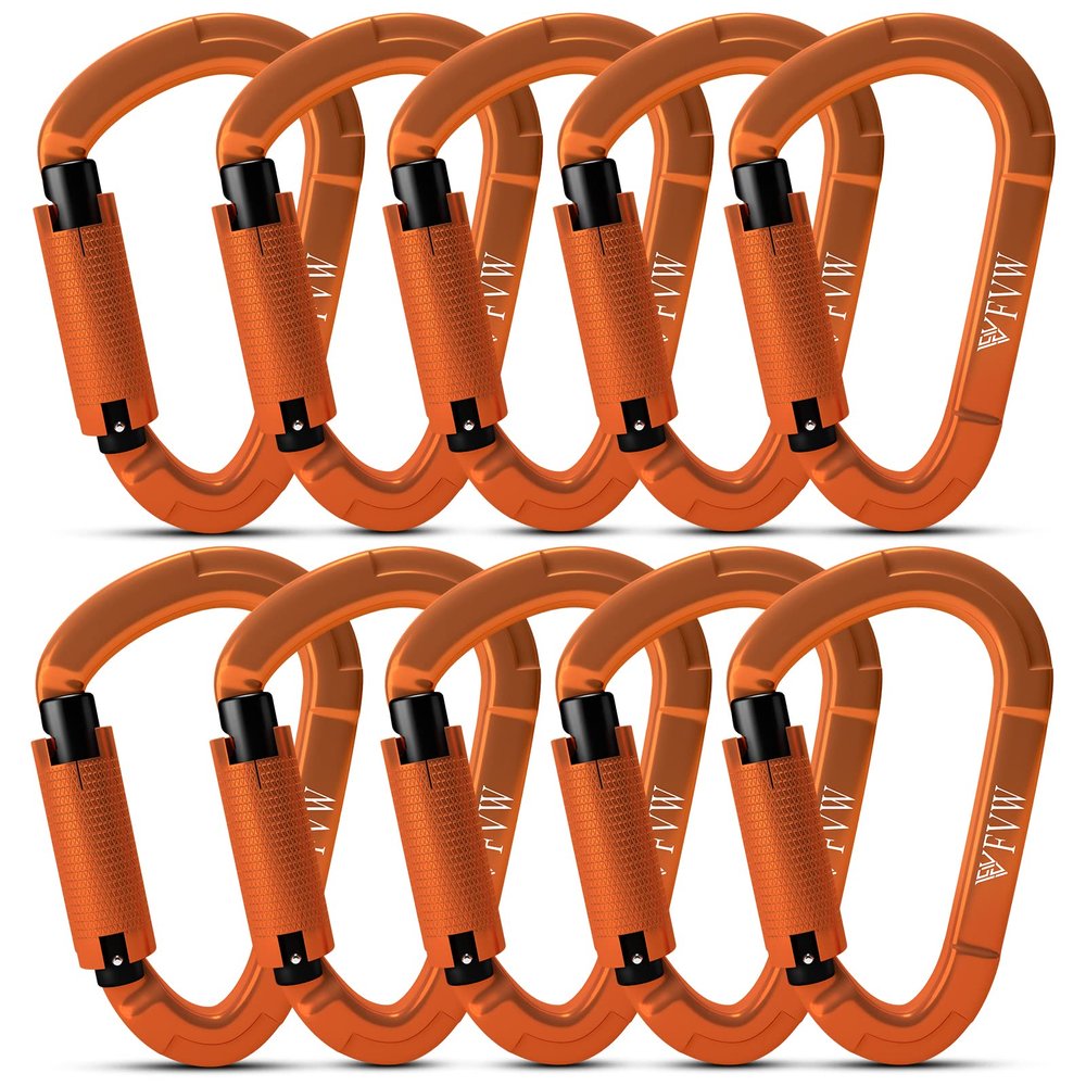 FVW 10 Pieces Heavy Duty Climbing Carabiners, 25KN UIAA Certified Auto Locking Rock Climbing Carabiners Clips for Hammocks, Swing, Locking Dog Leash and Harness, Camping, Hiking & Utility (Orange)