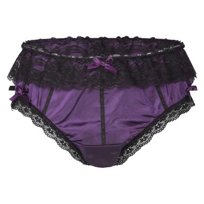 Lejafay Sissy Men's Silky Satin Ruffled Lace Trim Lingerie Underwear French Maid Crossdress Panties Purple Medium