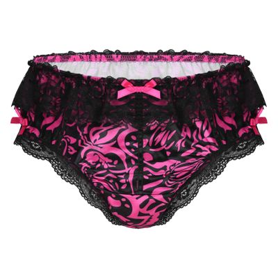 Alvivi Men's Low Waist Ruffled Lace Satin Bikini Briefs Underwear Sissy Crossdressing Pajamas Hot_Pink Medium