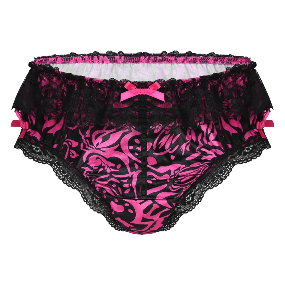 Alvivi Men's Low Waist Ruffled Lace Satin Bikini Briefs Underwear Sissy Crossdressing Pajamas Hot_Pink Medium