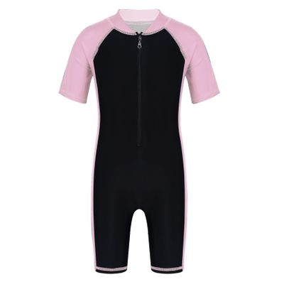 Freebily Kids Boys One Piece Rash Guard Wetsuit Short Sleeves Zippered Surfing Jumpsuit Pink&Black D 7-8