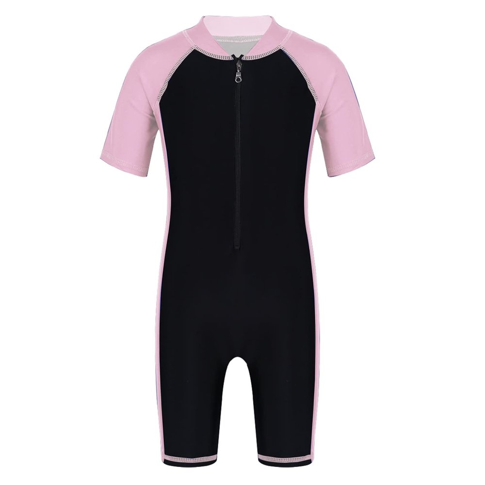 Freebily Kids Boys One Piece Rash Guard Wetsuit Short Sleeves Zippered Surfing Jumpsuit Pink&Black D 7-8