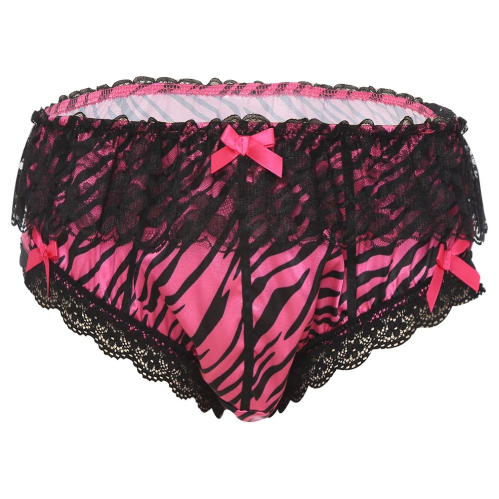 Moily Men's Satin Shiny Lace Trim Bowknot Bikini Briefs Panties Sissy Crossdressing Underwear Hot_Pink Medium
