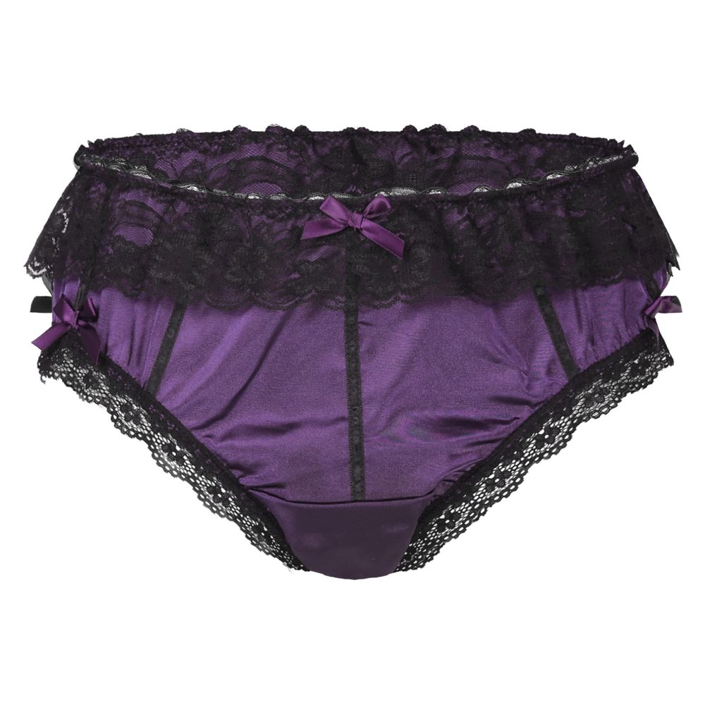 Moily Men's Satin Shiny Lace Trim Bowknot Bikini Briefs Panties Sissy Crossdressing Underwear Purple Large