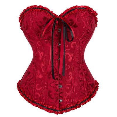 Haorugut Women's Overbust Corset Top Bustier - Satin Floral Lace Up - Wine Red M