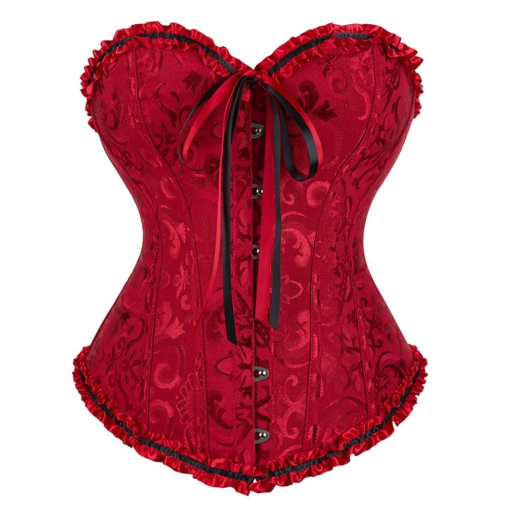 Haorugut Women's Overbust Corset Top Bustier - Satin Floral Lace Up - Wine Red M