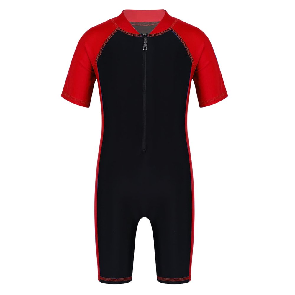 Freebily Kids Boys One Piece Rash Guard Wetsuit Short Sleeves Zippered Surfing Jumpsuit Red&Black D 10-12