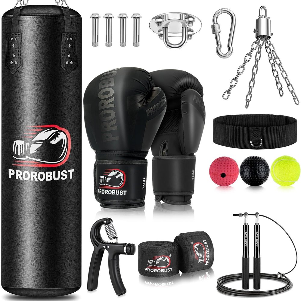 Prorobust Punching Bag for Adults, 4ft PU Heavy Boxing Bag Set with 12OZ Gloves for MMA Kickboxing Boxing Karate Home Gym Training (Unfilled)
