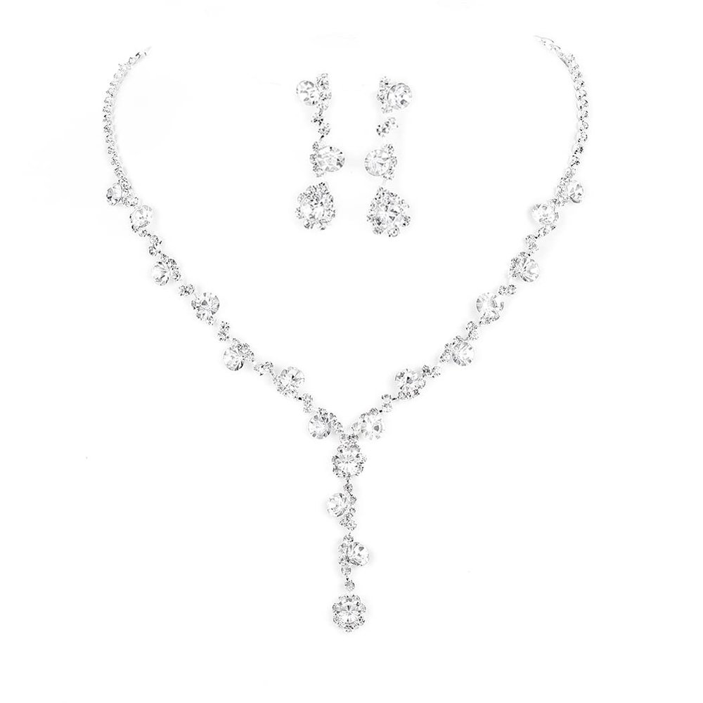 Fdesigner Wedding Rhinestone Necklace Earrings Set Silver Pearl Bride Jewelry Set Bridal Choker Necklace Drop Sparkly Earrings Dangle Women Collection for Party Evening Club Festival (Queen)