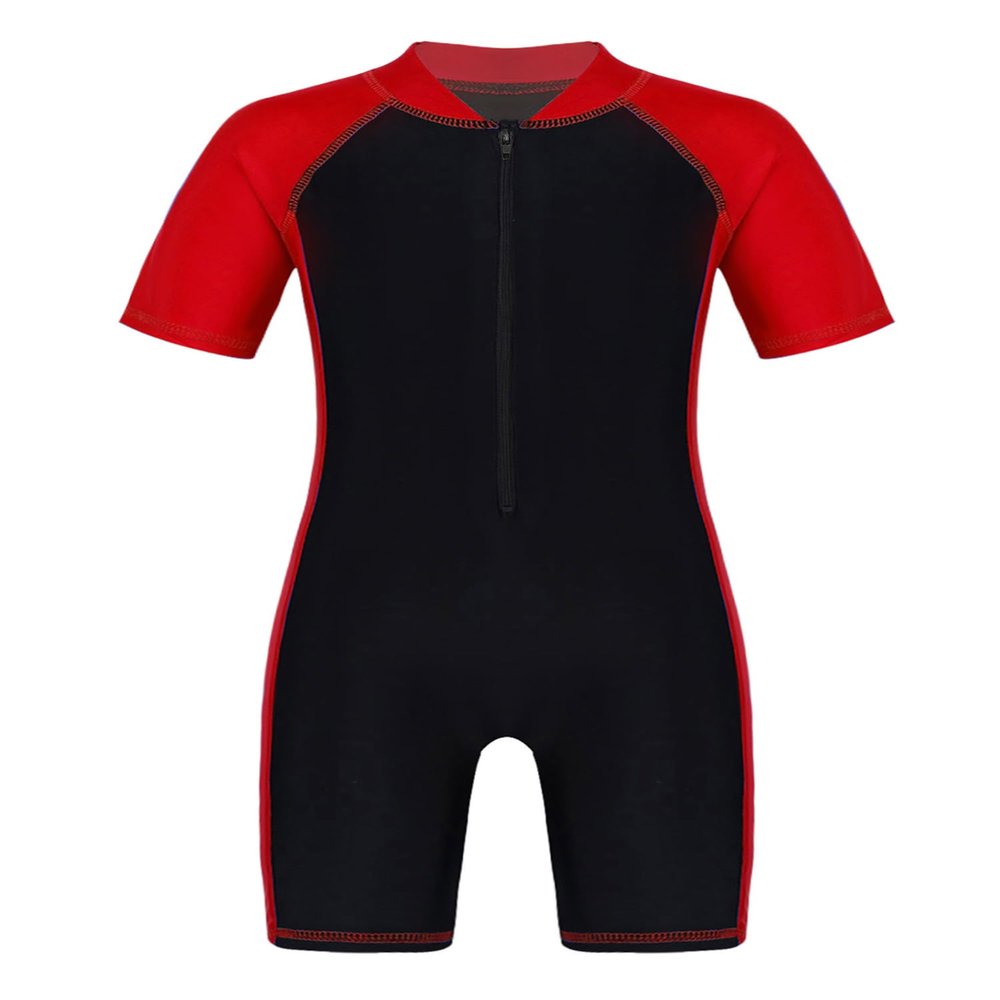 JEATHA Kids Girls Boys One Piece Swimsuit Short Sleeve Rash Guard with Zipper Front Bathing Suit Swimwear Red&Black A 10-12