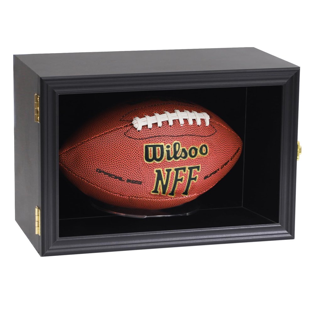 COMSREV Football Case Display Case Wall Mount Full Size Wooden Football Box Memorabilia w/98% UV Acrylic Door Holder Transparent Signed Protective Shelf (1 Ball Black)
