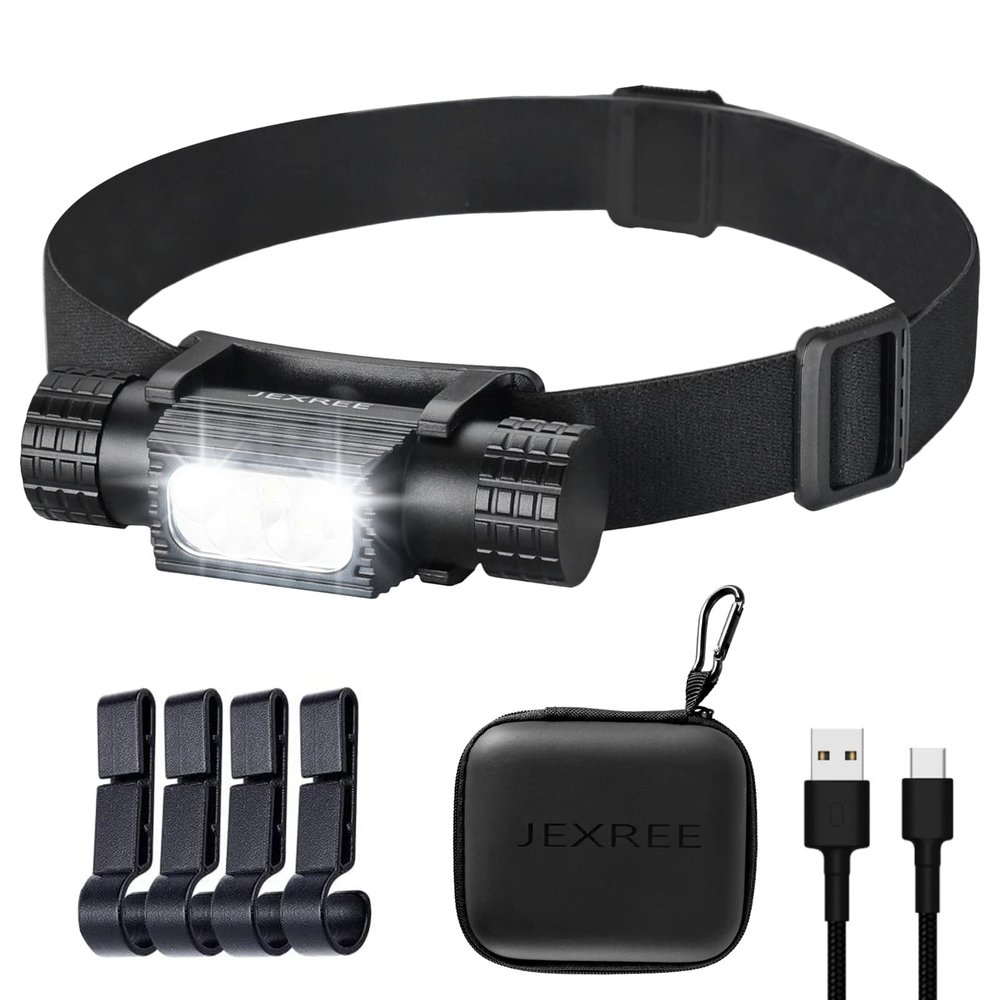 Jexree LED Rechargeable Headlamp 1200 High Lumen Super Bright Headlamp Hard Hat LED Headlamp with 7 Modes for Adults Hiking Running Camping Gear