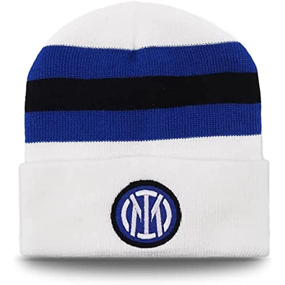 Inter Winter Cap with Flap New Logo with Stripes, Acrylic, Unisex Adult, White/Black/Blue, One Size