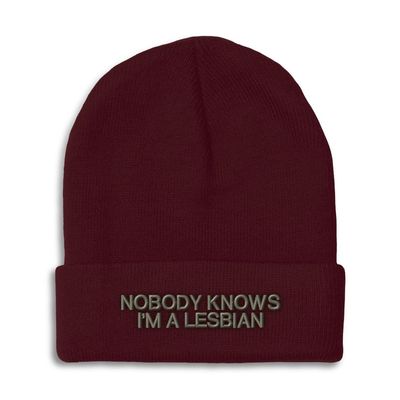 Speedy Pros Beanies for Men Nobody Knows I'm A Lesbian LGBTQ Embroidery Skull Cap Winter Hats for Women Acrylic One Size Burgundy Design Only
