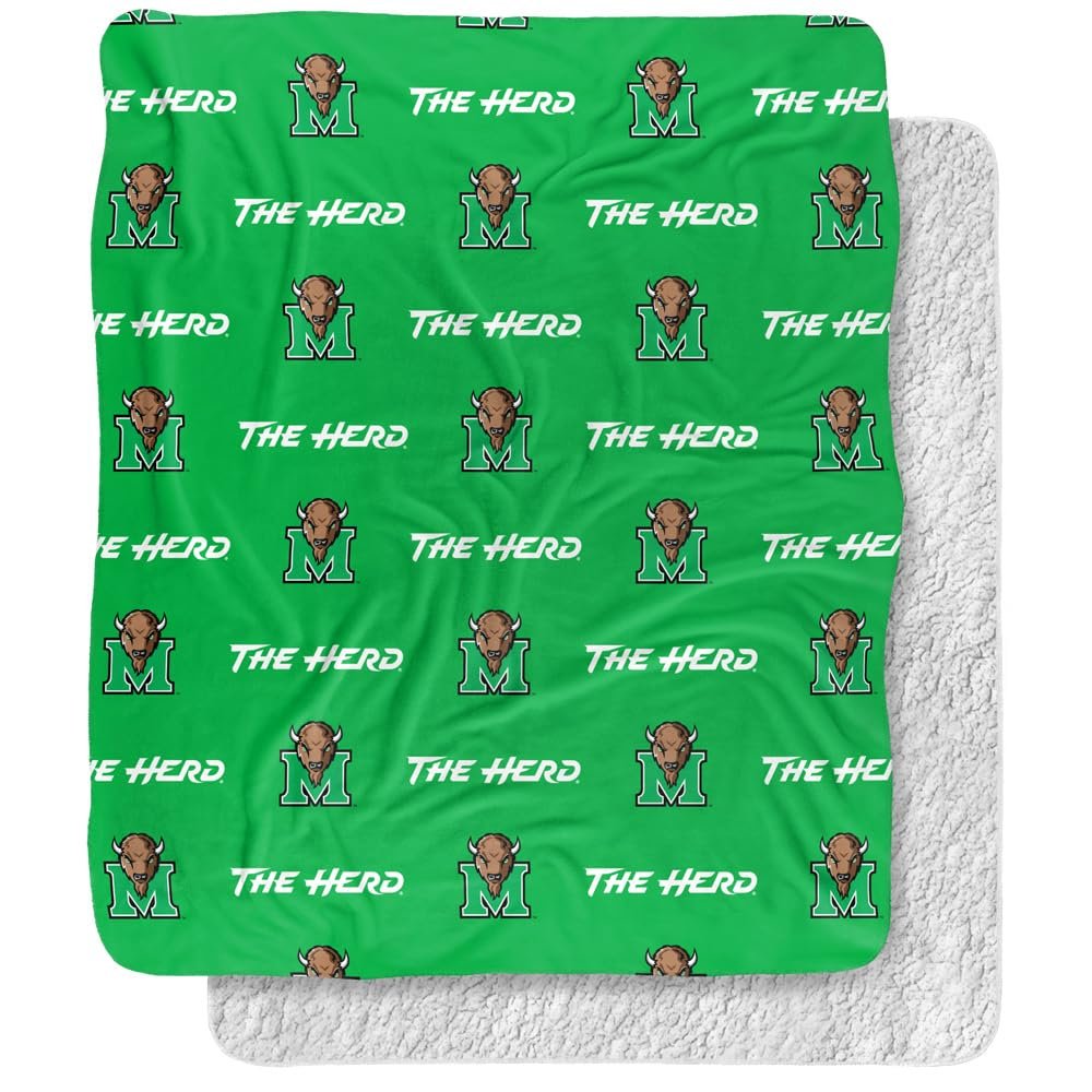 Marshall University Blanket, 50"x60" Logo Pattern Silky Touch Sherpa Back Super Soft Throw Blanket