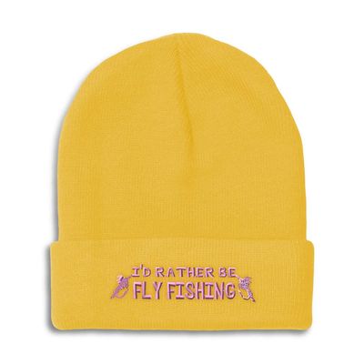 Beanies for Men I'd Rather Be Fly Fishing Embroidery Fishing Sport Winter Hats for Women Acrylic Skull Cap 1 Size Yellow Design Only
