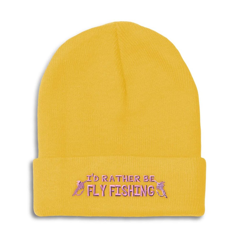 Beanies for Men I'd Rather Be Fly Fishing Embroidery Fishing Sport Winter Hats for Women Acrylic Skull Cap 1 Size Yellow Design Only