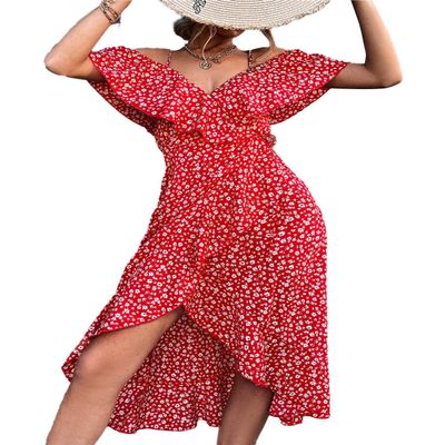 Women's High Low Flowy Midi Dress Off The Shoulder Ruffle Short Sleeves Summer Dress Floral Print Dresses (Red, L)