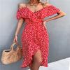 Women's High Low Flowy Midi Dress Off The Shoulder Ruffle Short Sleeves Summer Dress Floral Print Dresses (Red, L) view 2