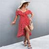 Women's High Low Flowy Midi Dress Off The Shoulder Ruffle Short Sleeves Summer Dress Floral Print Dresses (Red, L) view 4