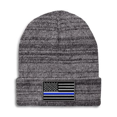 Speedy Pros Beanies for Men American Flag Thin Blue Line Embroidery Skull Cap Winter Hats for Women Acrylic One Size Heather Grey Design Only