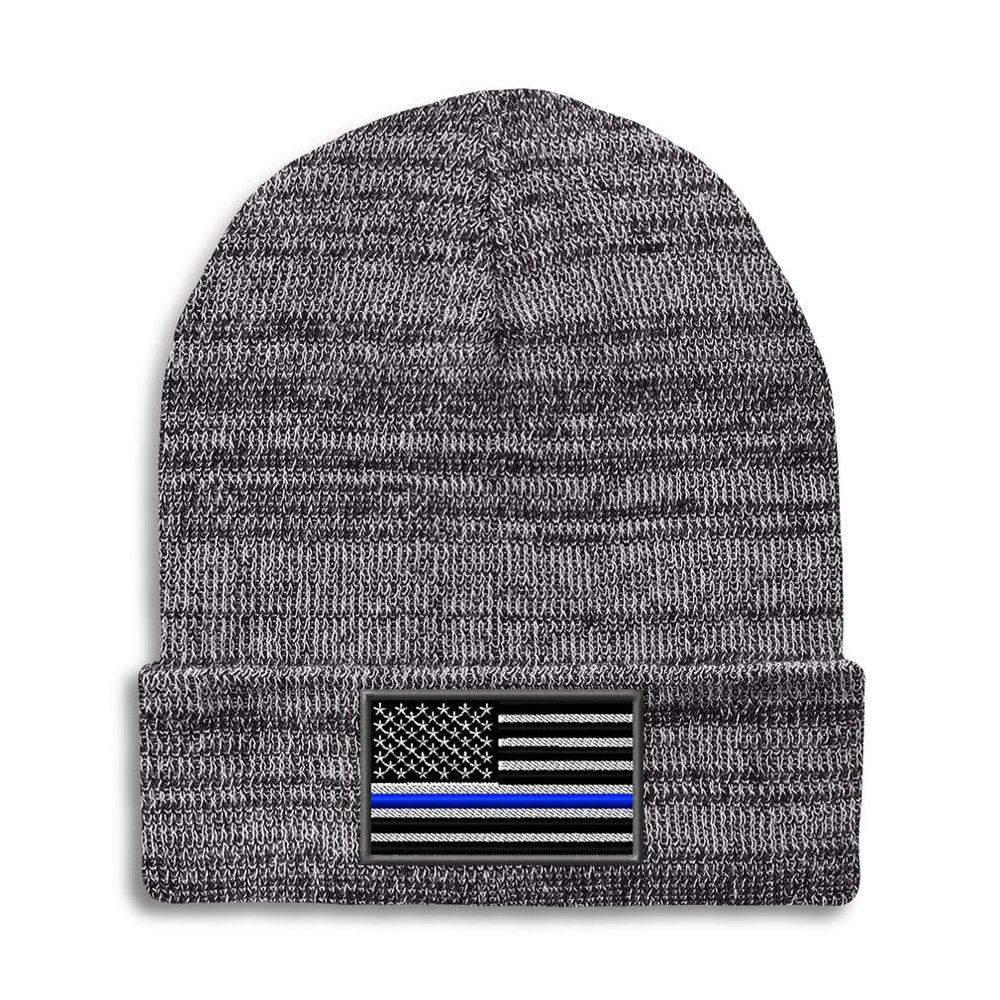 Speedy Pros Beanies for Men American Flag Thin Blue Line Embroidery Skull Cap Winter Hats for Women Acrylic One Size Heather Grey Design Only