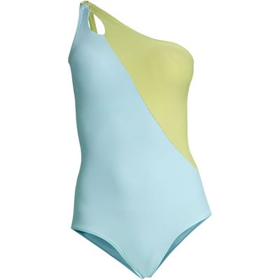 Lands' End Womens Chlorine Resistant One Shoulder Cut Out One Piece Swimsuit Control Paradise Aqua/Lemon Lime Regular 18
