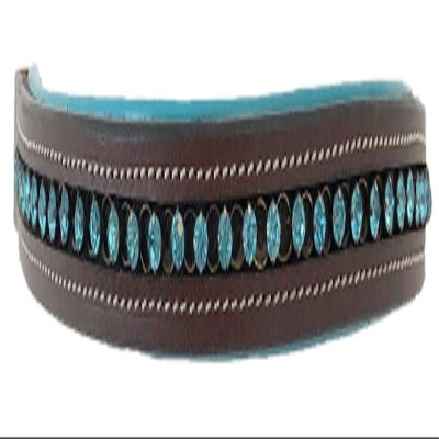 Equitem Leather English Bridle Padded Browband with Teal Crystal with Link Accent (Pony 14", Dark Brown)