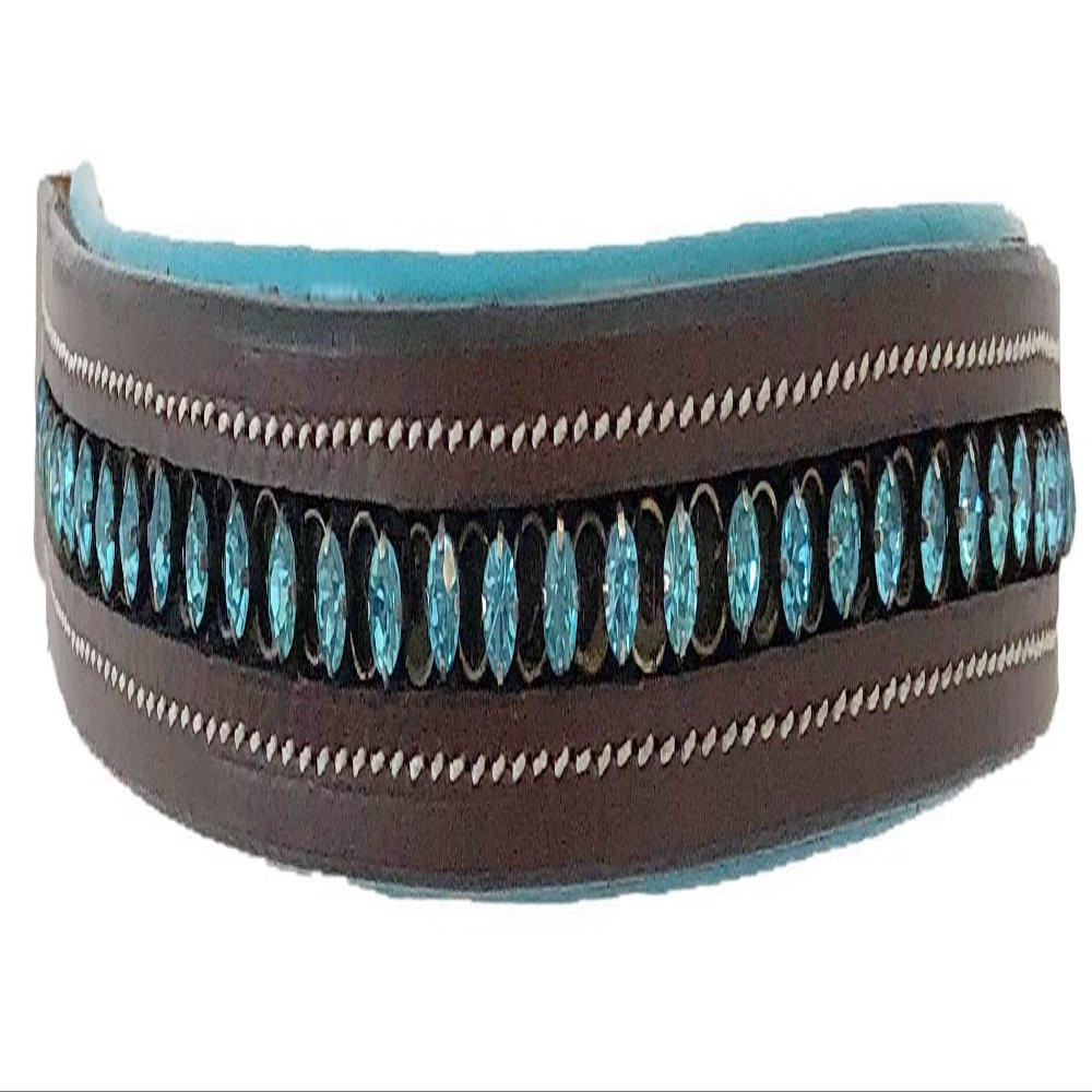 Equitem Leather English Bridle Padded Browband with Teal Crystal with Link Accent (Pony 14", Dark Brown)