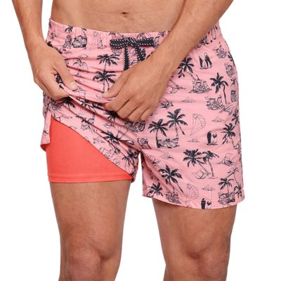 INGEAR Men's Swim Trunks with Compression Liner - 7 Inch Mens Swim Shorts for Swimming, Sports, and Outdoor Activities - Athletic Swimwear Bathing Suit Board Shorts (Large, Peachy Beachy)
