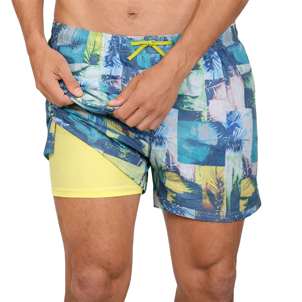INGEAR Men's Swim Trunks with Compression Liner - 7 Inch Mens Swim Shorts for Swimming, Sports, and Outdoor Activities - Athletic Swimwear Bathing Suit Board Shorts (Medium, Collage)