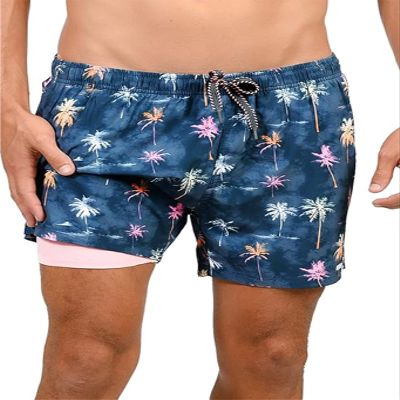 INGEAR Men's Swim Trunks with Compression Liner - 7 Inch Mens Swim Shorts for Swimming, Sports, and Outdoor Activities - Athletic Swimwear Bathing Suit Board Shorts (Medium, Acid Palms)